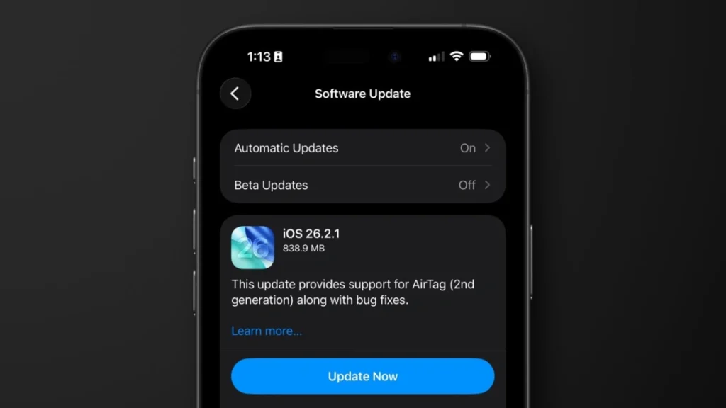 Screenshot showing the iOS 26.2.1 update screen on an iPhone — perfect for illustrating the topic.